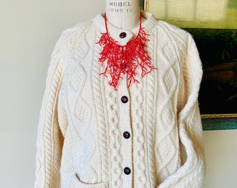 Vintage Irish Handknit Wool Sweater, Cream Color Fisherman Cardigan, Chunky 100% Wool Handmade Cardigan with Patch Pockets, Made in Ireland