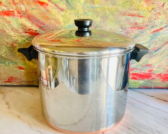 Large Vintage Revere Ware 1801 Copper Clad Stainless Steel 8 Quart Stock Pot, Saucepan with Lid, Made in USA