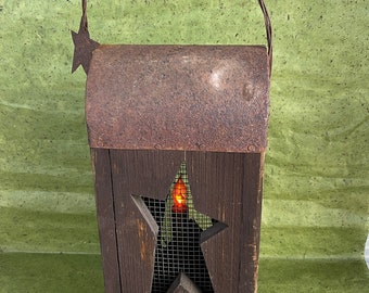 Vintage 1970s Farmhouse Lantern, Outdoor Entry Lantern, Wood Lantern with Star, Lantern with Light, Patio Lantern