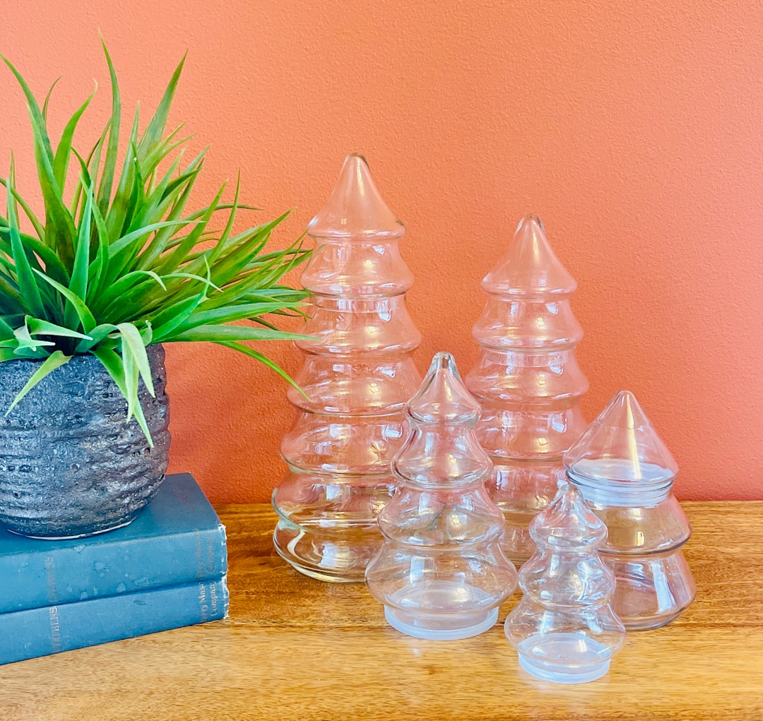 Vintage Christmas Tree Apothecary Jar With Glass Lid, Glass Christmas