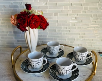 Black and White Espresso Cups and Saucers Set of 4 Mr. Coffee Cups and Saucers, Mini Coffee Cups