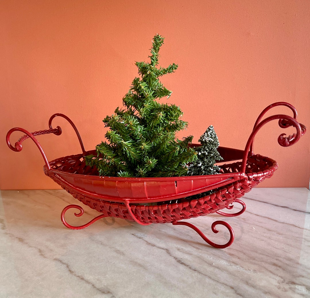 Vintage Hand Woven Red Wicker Christmas Sleigh for Santa Claus, Wicker