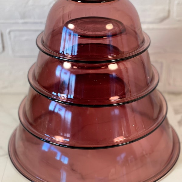 Vintage Pyrex Cranberry Mixing Bowl Set, Nesting Bowl Set, Amethyst Cranberry Glass Nesting Bowls, Corning Made in USA 322, 323, 325, 326