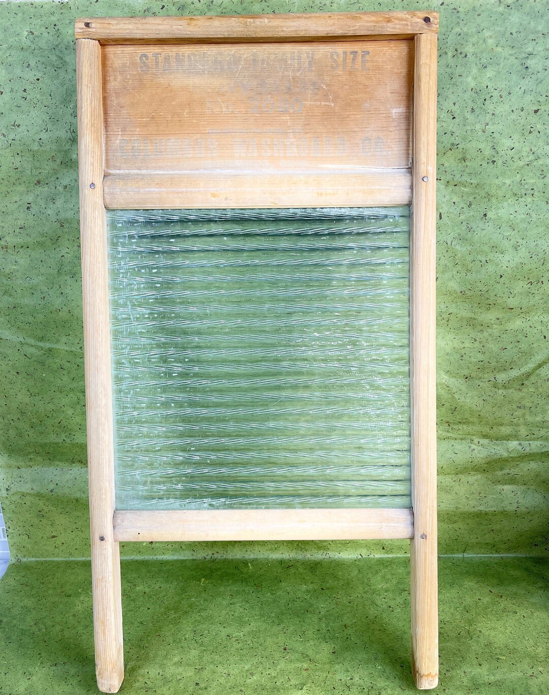 Vintage GLASS COLUMBUS WASHBOARD, Wood and Rippled Glass Washboard, No