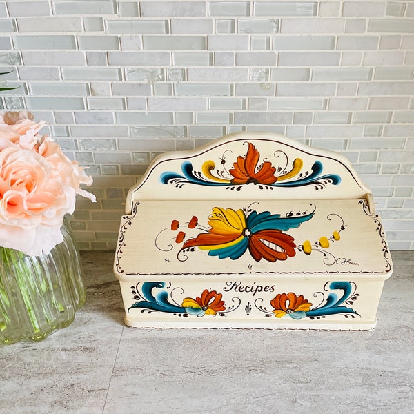 Vintage Norwegian Hand Painted Rosemaling Recipe Box,  Rosemaled Wooden Recipe Box Scandinavian Folk Art