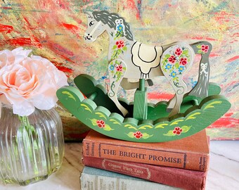 Hand Painted Wooden Rocking Horse, Children Room Decor, Wooden Rocking Horse Signed