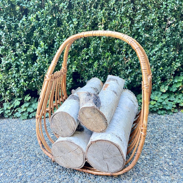 Mid Century Wicker and Rattan Firewood Holder, Magazine Rack, Storage Basket, Newspaper Rack