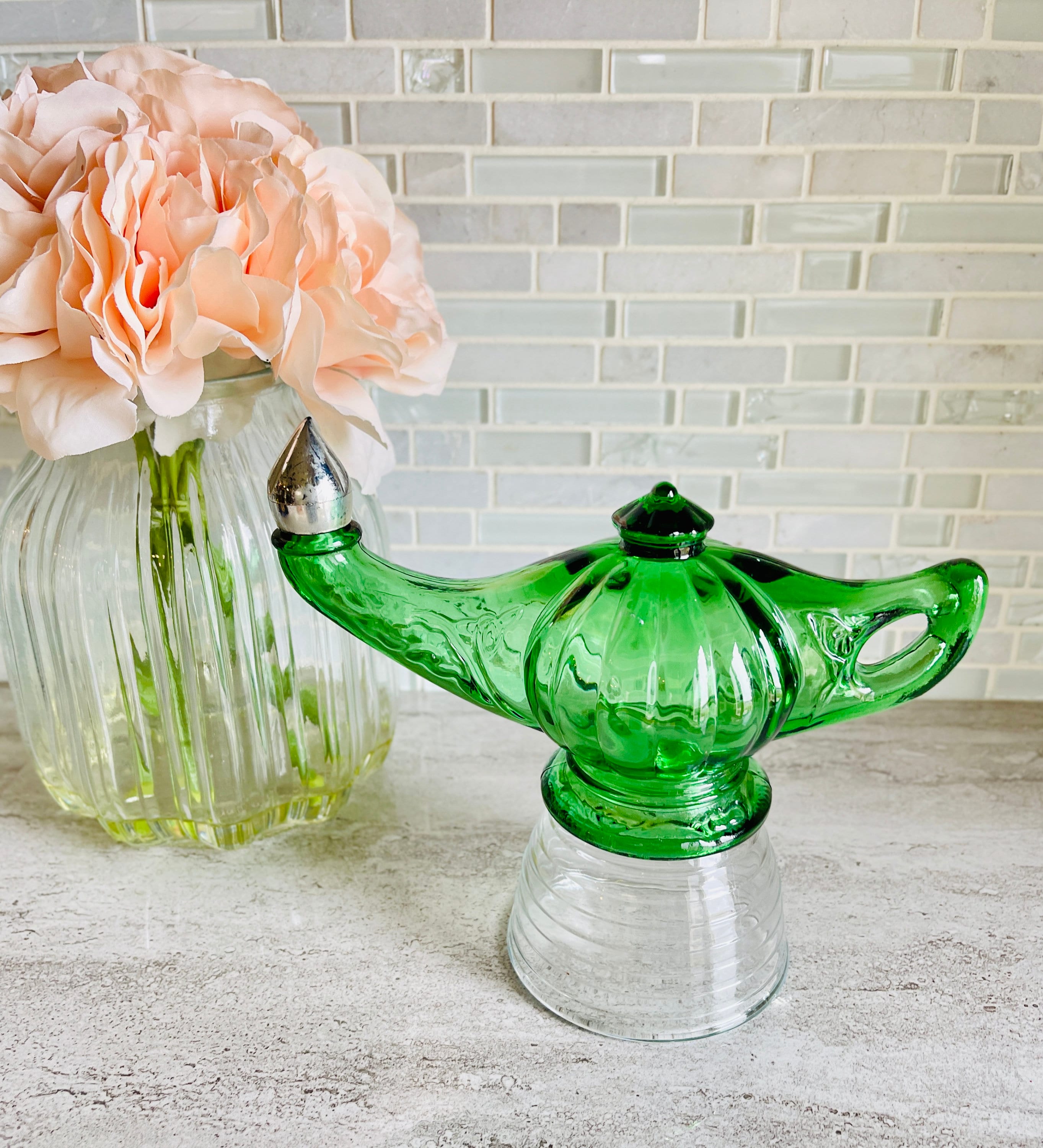 Aladdin's Green Glass Genie Bottle, Vintage Avon Green Lamp Bath Oil Bottle  Genie's Bottle 