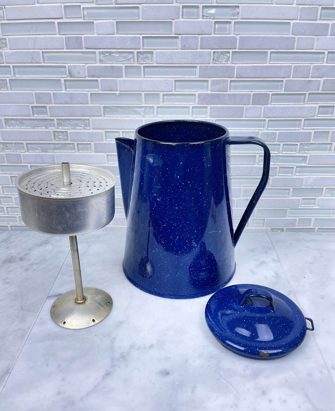 Vintage Enamelware Blue Large Coffee Kettle With Stem and Basket, Large