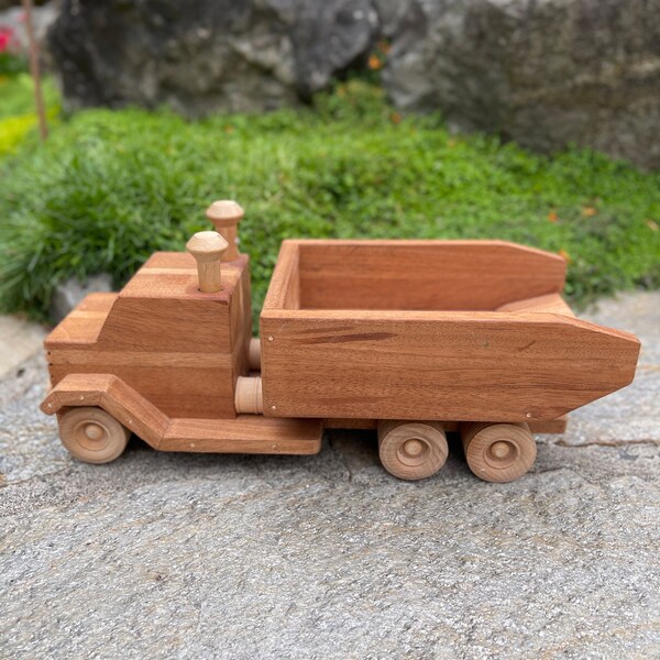 17" Long Large Handmade Solid Wooden Dump Truck, Toy WOoden Dump Truck