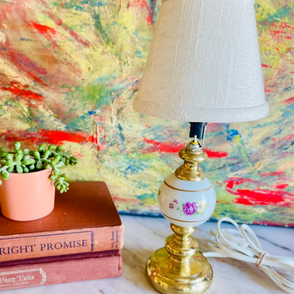 Vintage Small Brass and Ceramic Lamp with Hand Painted Roses, Small Table Lamp, Bathroom Lamp