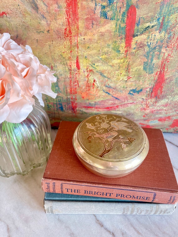 Vintage Solid Brass Enamel Round Trinket Box, Vint