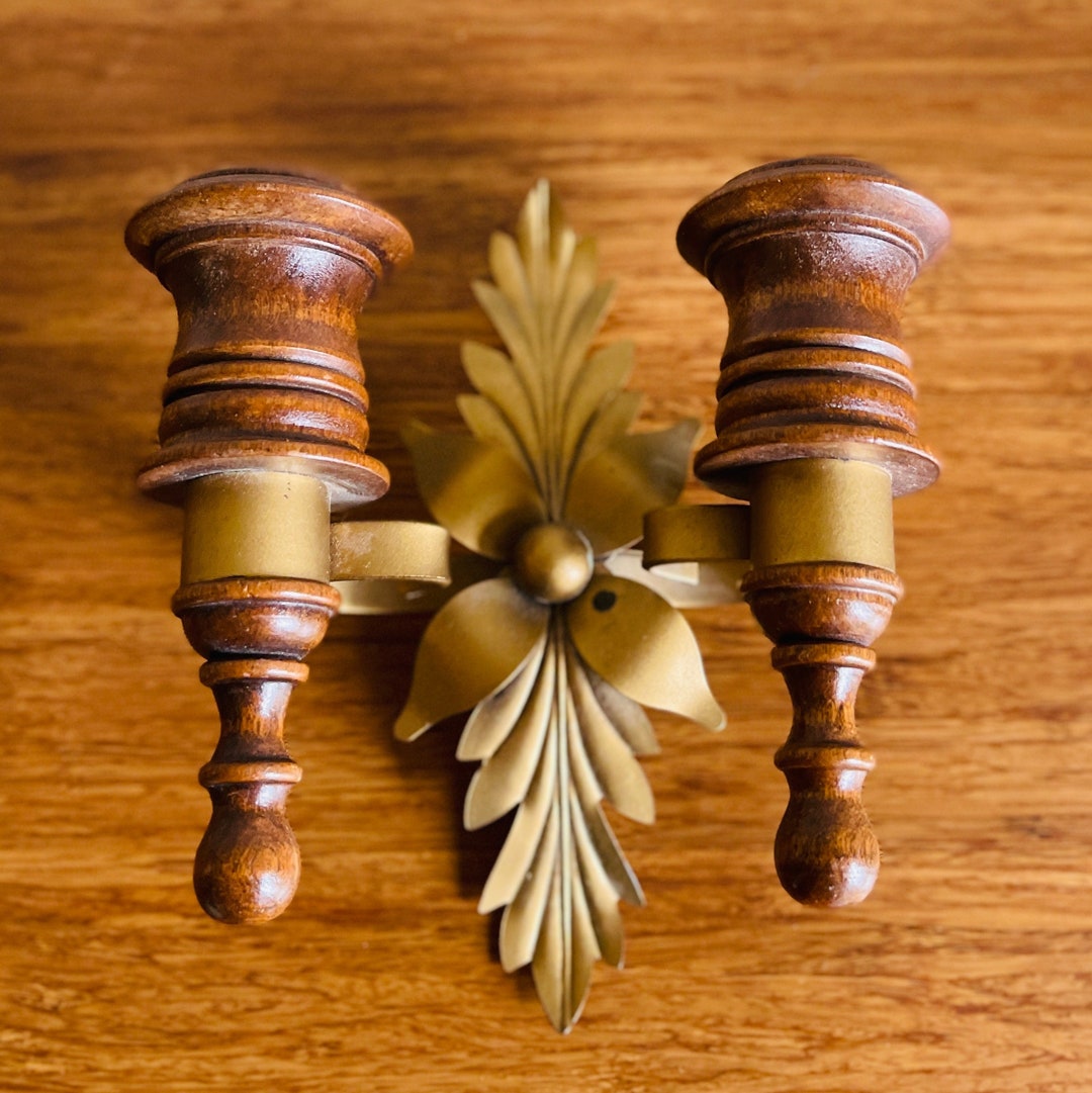 MCM Wood and Gold Metal Candle Wall Sconce Etsy