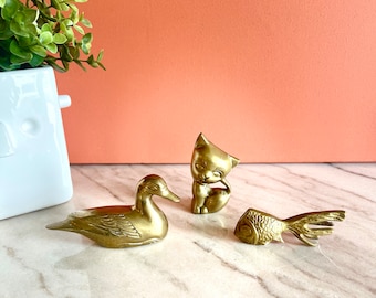 Vinatge Solid Brass Small Ducking, Koi Fish, Kitten Figurines, 1970s Solid Brass Figurines