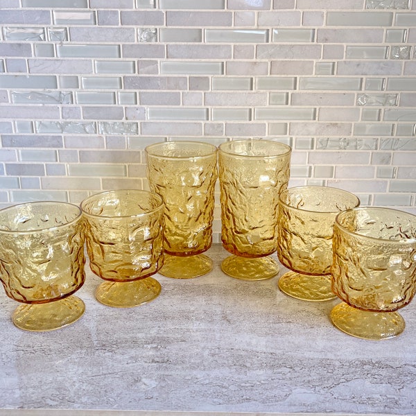 MCM Anchor Hocking Lido Milano Golden Honey Glassware, Amber Gold Pedestal Footed Sorbet Ice Cream Dessert Juice Cocktail Glass Set