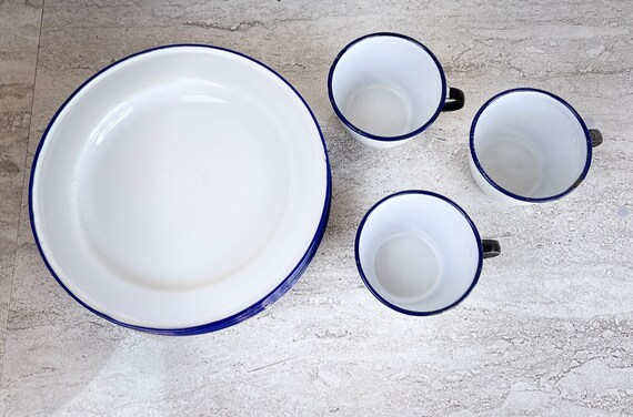 6 Enamel Plates, Cup, Ker Sweden White Blue, Decor Decoration