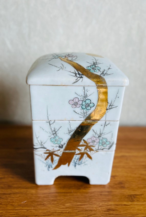 Vintage Japanese Ceramic Jubako Box, Hand Painted 