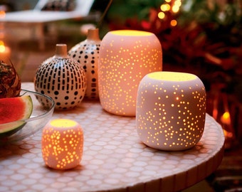 Large Pierced Porcelain Candleholder, Hurricane Tealight Candle Holder, Indoor Outdoor Pierced Candle Lantern, Home Illumination
