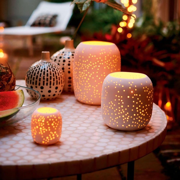 Large Pierced Porcelain Candleholder, Hurricane Tealight Candle Holder, Indoor Outdoor Pierced Candle Lantern, Home Illumination
