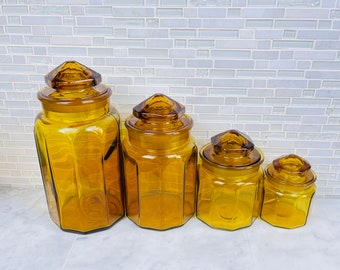 LE Smith Glass Canister Set, 10 Panel Canister Set in Golden Amber, Set of 4 1960s Glass Canister Set