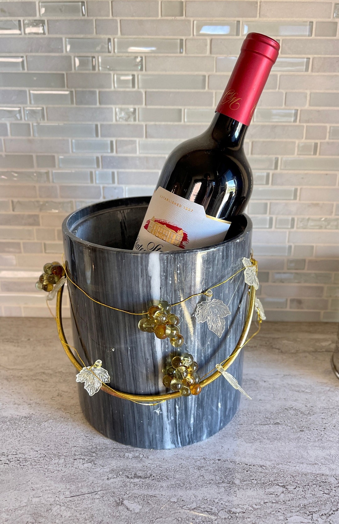 Gray Marble Ice Bucket With Brass Handle Vintage Marble Ice Etsy