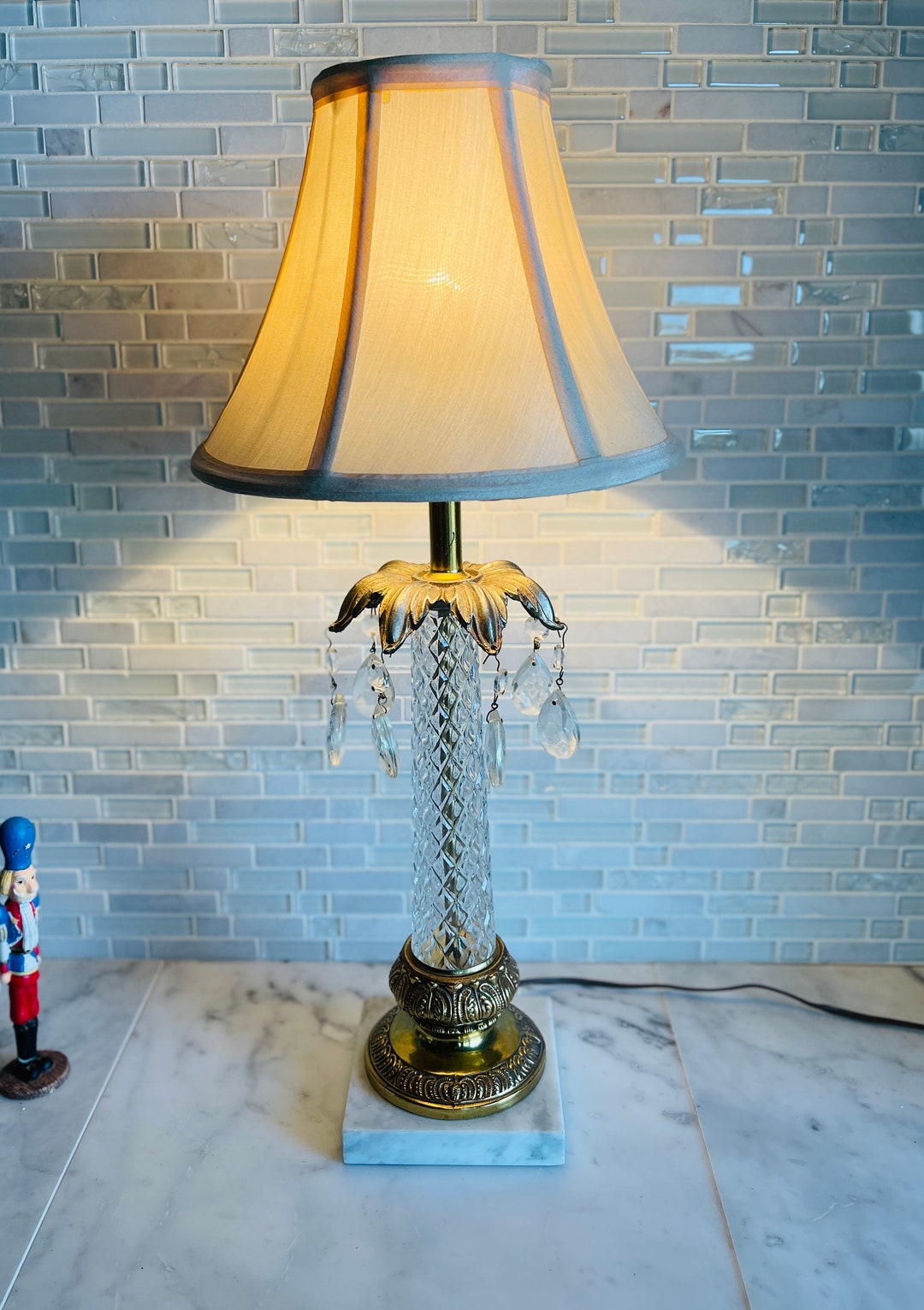 Vintage Table Lamp, Vintage Crystal Table Lamp With White Marble Base