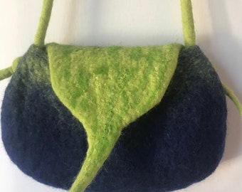 Stylish Wet Felted Cross Body/Shoulder Bag – Lime and Navy – Unique, Handmade Wool Felt, Contemporary Design, Pure Wool