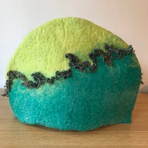 Large Wet Felted Tea Cosy - Green - Unique Gift for Tea Lover, Handmade Wool Felt, Table Art