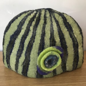 Large Wet Felted Tea Cosy - Green and Purple with 3 Dimensional Flower - Unique Gift for Tea Lover, Handmade Wool Felt