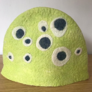 Large Wet Felted Tea Cosy - Lime Green with Blue and White Spots - Unique Gift for Tea Lover, Handmade Wool Felt, Table Art