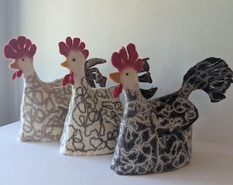 Funda grande de fieltro húmedo para tetera - Pollo - Regalo único para amantes del té, fieltro de lana hecho a mano, decoración de mesa