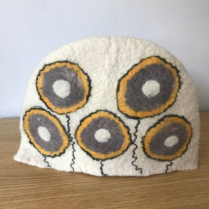 Large Wet Felted Tea Cosy  - Mustard, Grey and White - Unique Gift for Tea Lover, Handmade Wool Felt