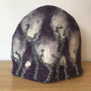Large Wet Felted Tea Cosy - Purple Abstract Flowers - Unique Gift for Tea Lover, Handmade Wool Felt, Table Art