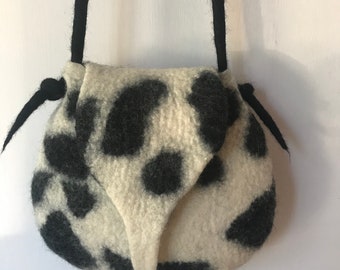 Stylish Wet Felted Cross Body/Shoulder Bag – Cow Print – Unique, Handmade Wool Felt, Contemporary Design, Pure Wool