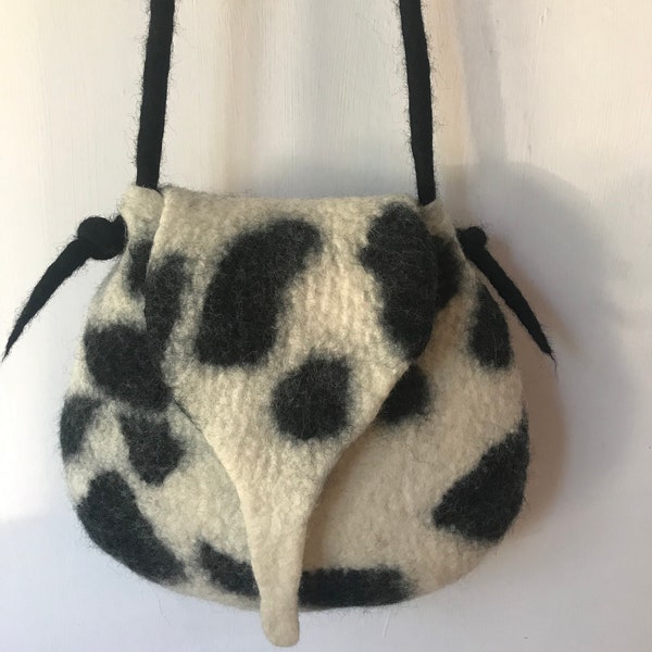 Stylish Wet Felted Cross Body/Shoulder Bag – Cow Print – Unique, Handmade Wool Felt, Contemporary Design, Pure Wool