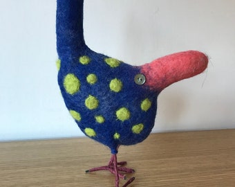 Blue and green spotted wet felted bird sculpture