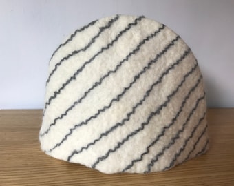 Large Wet Felted Tea Cosy - Grey and White Diagonal Striped Cosy - Unique Gift for Tea Lover, Handmade Wool Felt, Table Art