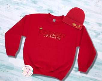 Princess Sweatshirt, Princess Crown Beanie, Custom Princess Pullover, Girl Outfit, Girl Embroidered Crewneck, Sweatshirt with Name, Kid Gift