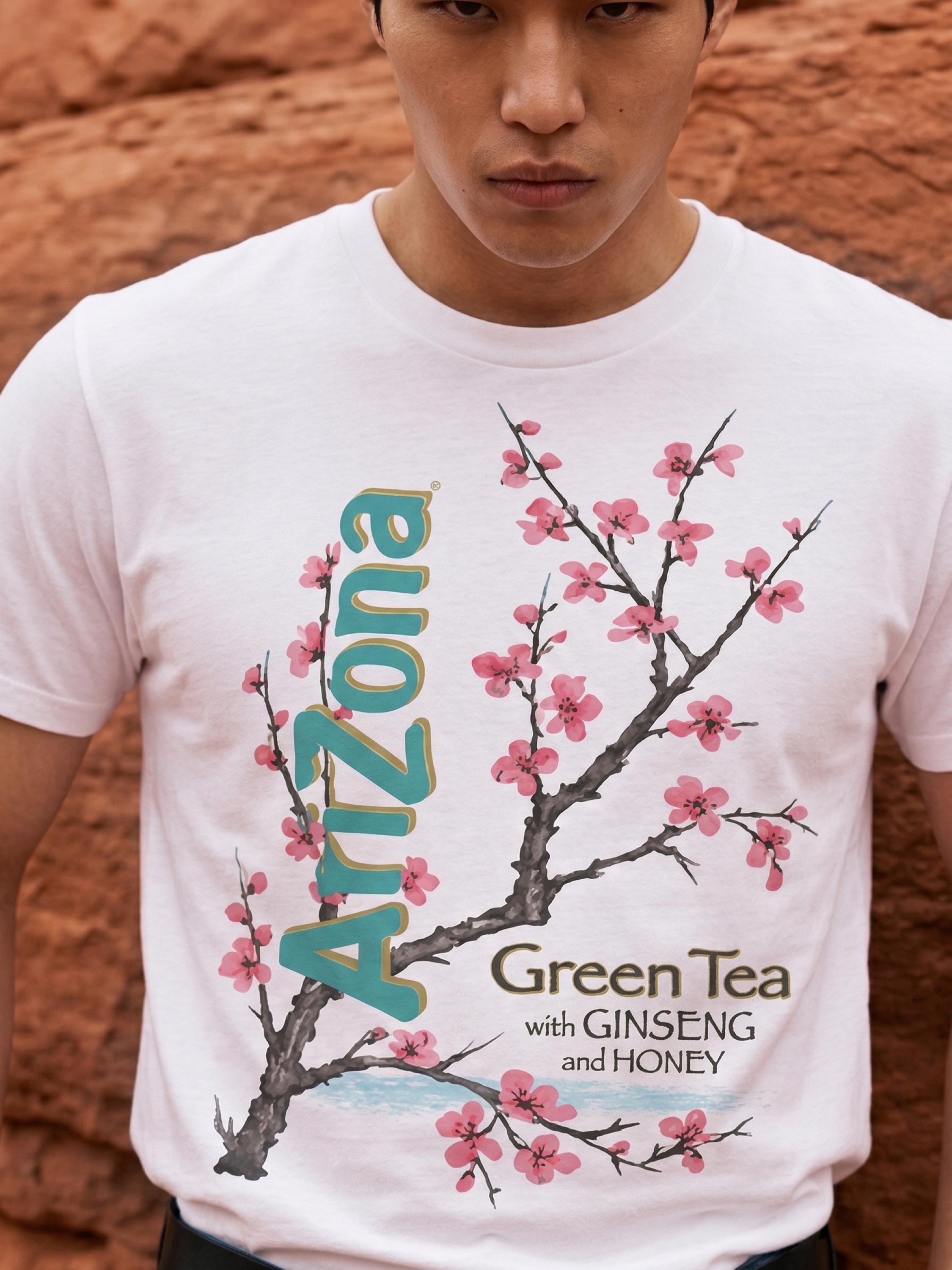 Arizona Green Tea Graphic T-shirt, Retro Y2K Cherry Blossom Print