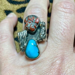 Vintage Unique Sterling Silver Turquoise & Red Coral Native American-Style Ring Sz 7.5