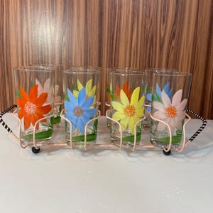 Midcentury Hand-Painted Glass Tumbler Set w/Wire Caddy