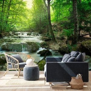 Forest Wallpaper Enchanting Waterfall Green Nature 3d Landscape Peel And Stick Removable Non Woven Self Adhesive Wall Mural