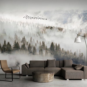 Foggy Forest Removable Wallpaper Nature Landscape Mountains Watercolor Huge Trees Birch Forest Self Adhesive Peel and Stick Wall Mural