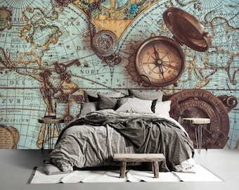 Antique Monochrome Vintage Compass Political Map Wallpaper Peel and Stick Self Adhesive Wall Mural Removable Map Wallpaper Office Room