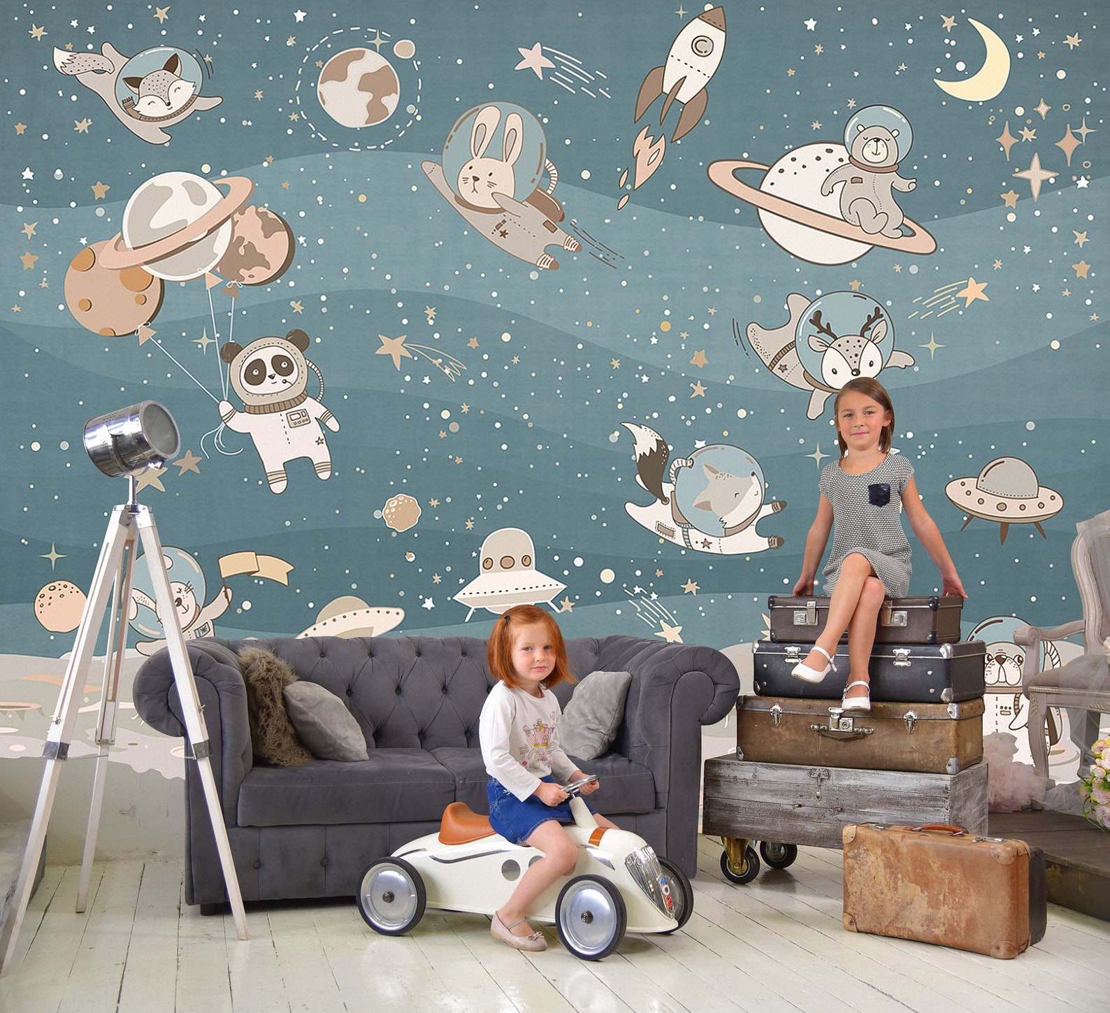 Space Kids Wallpaper Moon Star Galaxy Sky Nursery Cartoon - Etsy