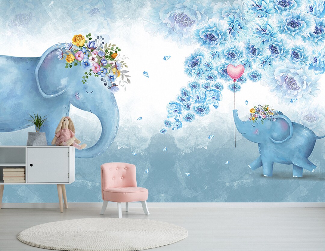 Elephant Kids Wallpaper Nursery Cartoon Baby Room Removable Etsy