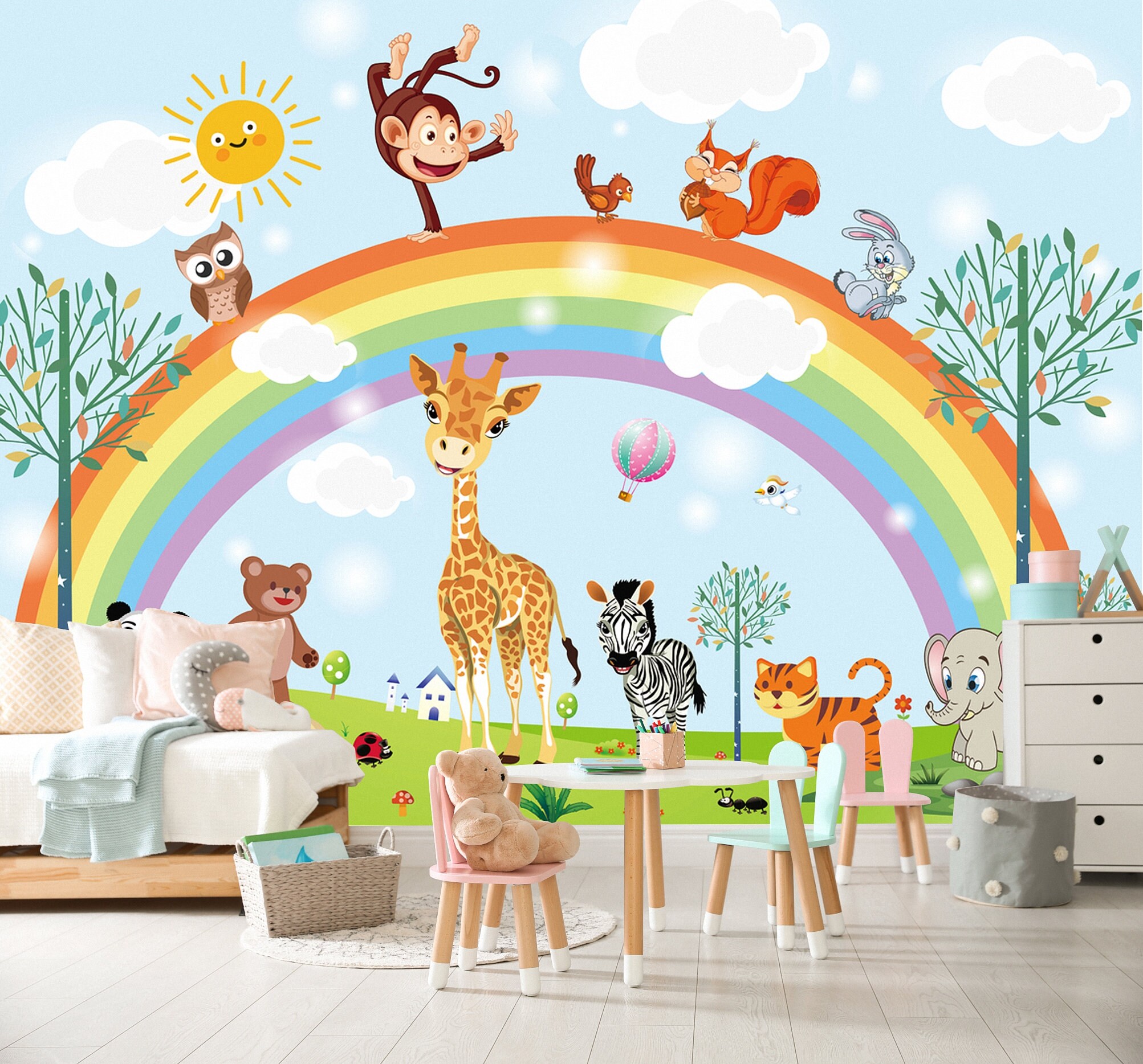 Rainbow Kids Wallpaper Nursery Cartoon Animal Fairy Colorful Etsy UK
