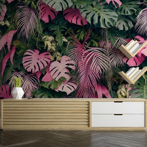 Pink Green Forest Plant Wallpaper Jungle Colorful  Removable Non Woven Peel And Stick Self Adhesive Modern Wallpaper