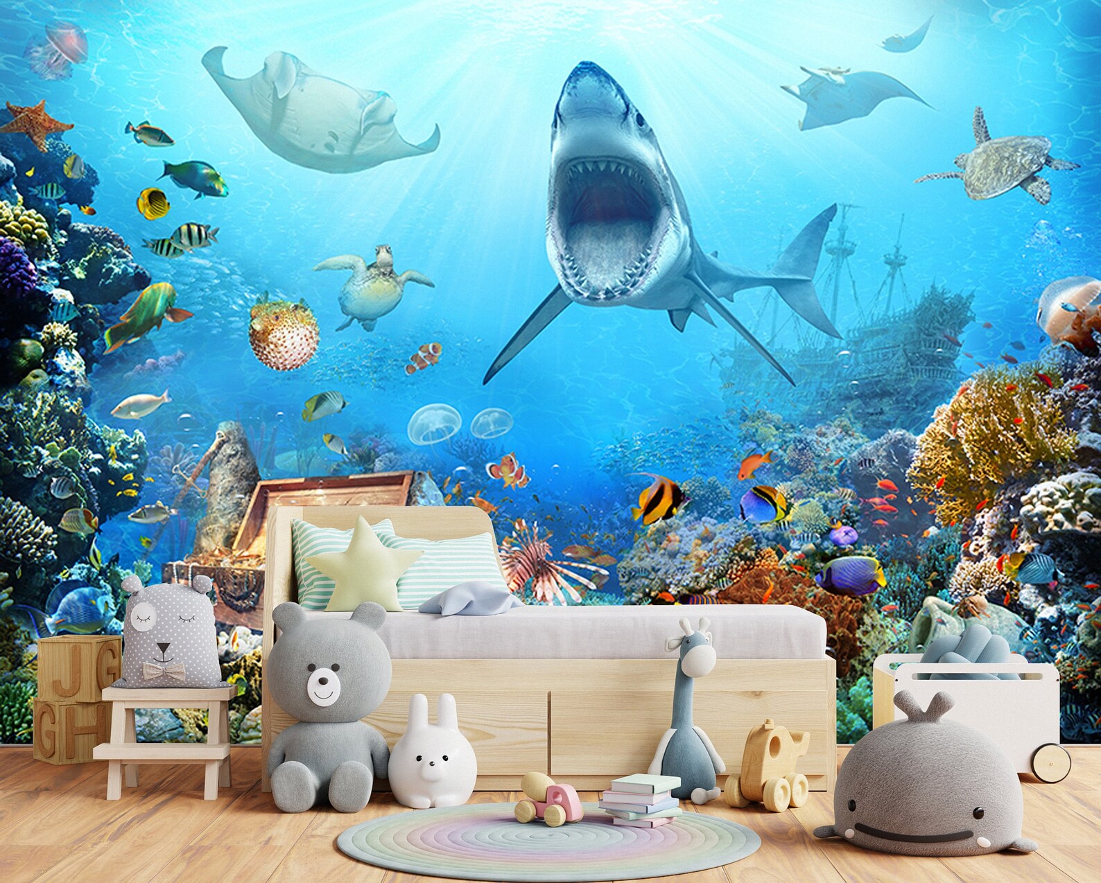 Underwater World Kids Wallpaper Cartoon Shark Dolphin Turtle - Etsy