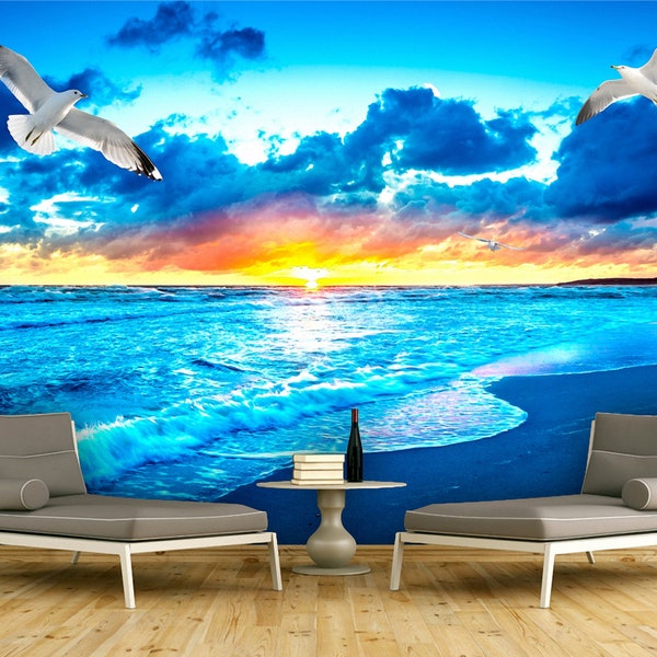 Ocean  Wallpaper Sunrise Beach Sea Wave Landscape Nature Peel And Stick Wall Mural